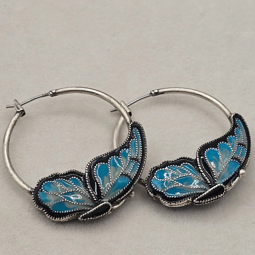 Large Cloisonné Style Enamel Blue Butterfly Earrings Hoops 1.25" Double Sided
